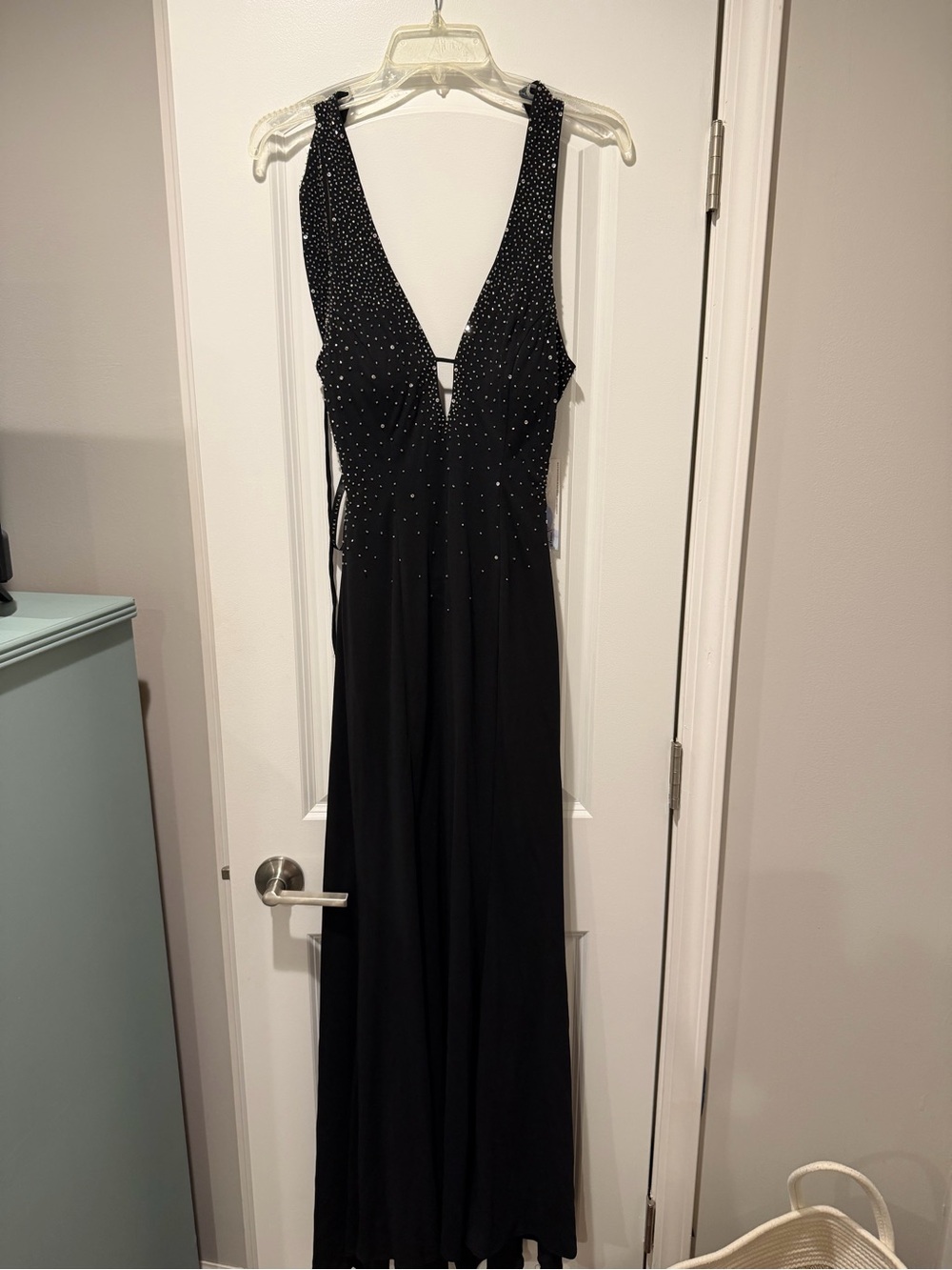 Niki Lavis Black Backless Evening Gown with Rhinestone Trim